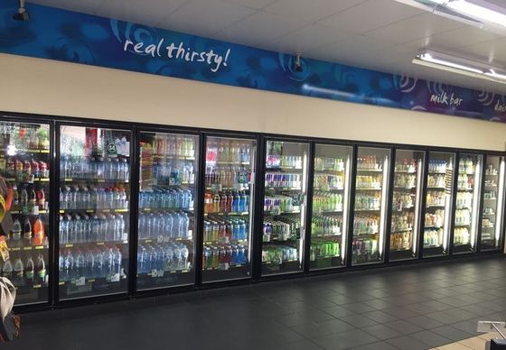 Caminhada comercial do supermercado no congelador de refrigerador